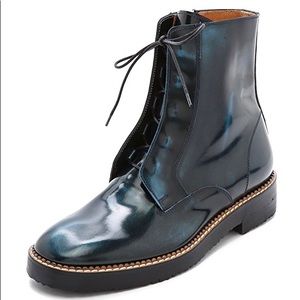 Maison Martin Margiela Blue Patent Leather Combat Lace Up Boots Shoes Marbled 7